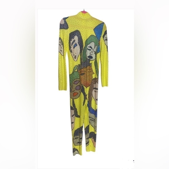 Pop Art Rhinestone Mesh Jumpsuit Yellow Long Sleeve Bodysuit Costume Style Sz L - Picture 4 of 7